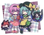  4girls :d ;d animal_ears arm_cannon bird_wings black_bow black_hairband black_sun black_wings blue_shirt boots bow braid buttons cape cat_ears cat_tail chest_eye chibi chibi_inset collared_shirt control_rod_(touhou) diamond_button disembodied_linked_eye dress extra_ears eyeball feathered_wings fire flaming_skull floating_skull frilled_shirt_collar frilled_sleeves frills full_body green_boots green_bow green_dress green_eyes green_hair green_hat green_skirt hair_bow hair_ornament hairband hat hat_bow heart heart_button heart_hair_ornament highres kaenbyou_rin komeiji_family_(touhou) komeiji_koishi komeiji_satori long_hair long_sleeves looking_at_viewer medium_hair multiple_girls multiple_hair_bows multiple_tails nekomata one_eye_closed open_mouth pink_eyes pink_hair pink_skirt pink_slippers print_cape red_eyes red_hair reiuji_utsuho ribbon-trimmed_collar ribbon_trim shirt siblings sisters sitting skirt skull slippers smile socks starry_sky_print sun tail third_eye touhou twin_braids two-sided_cape two-sided_fabric two_tails very_long_hair weapon white_cape white_shirt white_socks wide_sleeves wings yellow_bow yellow_shirt yeolomang 