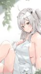 1girl ahoge animal_ear_piercing animal_ears breasts closed_mouth commentary double-parted_bangs dress grey_eyes grey_hair hair_between_eyes halter_dress halterneck hand_up highres hololive kinako_mocchi_mochi knee_up large_breasts lion_ears lion_girl long_hair looking_at_viewer parallel_piercings shishiro_botan short_dress sideboob sideless_dress sidelocks sitting sleeveless sleeveless_dress solo two_side_up untranslatable_commentary virtual_youtuber white_dress 