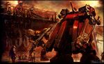  6+boys acid_bufferzone arm_cannon armor black_border body_writing border cable cannon cloud cloudy_sky commentary_request concrete dual_arm_cannons holding holding_cannon humanoid_robot maintenance masahiro_ito mecha mecha_pilot_suit multiple_boys number_print robot russian_text science_fiction sky sparks star_(symbol) utility_pole weapon 