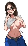  1girl absurdres blush breasts breasts_apart breasts_out cleavage clothes_lift clothes_pull commentary covered_nipples crop_top cropped_shirt dragonemp17 highres large_breasts long_hair medium_breasts navel nipples no_bra non-web_source open_clothes open_mouth open_shirt original panties pants pants_pull self-upload shirt shirt_lift solo underboob underwear 