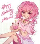  1girl birthday candle chimisaucee commentary cupcake doki_doki_literature_club english_commentary fang food hair_intakes happy_birthday highres holding holding_food low_twintails medium_hair natsuki_(doki_doki_literature_club) off-shoulder_shirt off_shoulder pink_eyes pink_hair pink_shirt pink_skirt shirt skirt solo twintails white_background 
