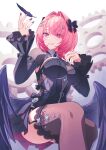  1girl black_bow black_dress black_wings bow breasts brown_thighhighs commentary_request dress feathered_wings feathers garter_straps gears hair_bow highres large_breasts official_alternate_costume pink_hair pochimaru_(marumaru_wanwan) purple_eyes remielle_dan remielle_dan_(moonlight_whispers) short_hair smile solo thighhighs wings zenless_zone_zero zipper zipper_pull_tab 
