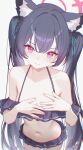  1girl absurdres animal_ear_fluff animal_ears aqua_ribbon bare_shoulders bikini bikini_skirt black_bikini black_hair blue_archive blush breasts cat_ears cat_girl chinese_commentary commentary_request covering_breasts covering_privates extra_ears frilled_bikini frills hair_ribbon halo highres long_hair looking_at_viewer navel nyarnya off-shoulder_bikini off_shoulder official_alternate_costume pink_halo red_eyes ribbon serika_(blue_archive) serika_(swimsuit)_(blue_archive) simple_background small_breasts solo swimsuit twintails white_background 