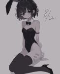  1girl absurdres animal_ear_hairband animal_ears arm_strap bandaid bandaid_on_leg bandaid_on_neck bandaid_on_thigh bare_shoulders black_bow black_bowtie black_eyes black_hair black_hairband black_leotard black_ribbon black_shoes black_thighhighs bow bowtie breasts bunny_day collar commentary dated detached_collar fake_animal_ears full_body grey_background hair_ribbon hairband hands_on_floor high_heels highleg highleg_leotard highres invisible_floor lattecafe483971 leotard looking_at_viewer medium_breasts mole mole_on_breast on_floor original playboy_bunny rabbit_ear_hairband rabbit_ears rabbit_tail ribbon shoes short_hair simple_background sitting solo strapless strapless_leotard tail thighhighs untranslatable_commentary white_collar white_wrist_cuffs wrist_cuffs 