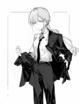  1girl bang_dream! bang_dream!_it's_mygo!!!!! closed_mouth commentary_request dkl_(dinosaurkl2) dress_shirt greyscale hair_ornament hairclip highres jacket long_hair low_ponytail monochrome necktie open_clothes open_jacket pants ponytail shirt shirt_tucked_in single_off_shoulder solo wakaba_mutsumi 