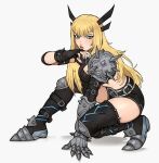  1girl absurdres armor armored_boots black_gloves blonde_hair blue_eyes boots breasts commentary elbow_spikes gauntlets gloves highres kirtome long_hair magik's_crown magik_(x-men) marvel marvel_tokon:_fighting_souls midriff new_mutants pauldrons shorts shoulder_armor single_gauntlet single_pauldron solo spiked_gauntlets spiked_pauldrons spikes thigh_boots white_background x-men 