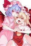  2girls absurdres blonde_hair bloomers blue_hair blush bow closed_mouth collared_shirt commentary_request cropped flandre_scarlet frilled_shirt_collar frilled_skirt frills hair_between_eyes hat hat_bow highres incest looking_at_viewer medium_hair mob_cap multiple_girls niseneko_(mofumofu_ga_ienai) one_side_up pink_hat pink_shirt pink_skirt red_bow red_eyes red_nails red_skirt remilia_scarlet saliva saliva_trail shirt siblings sisters skirt skirt_set smile touhou upper_body white_bloomers white_hat white_shirt yuri 