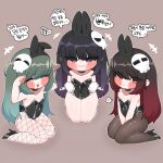  3girls =_= alternate_costume animal_ear_hairband animal_ears bare_arms bare_legs black_choker black_eyes black_hair black_leotard black_pantyhose black_shoes blush_stickers breasts chibi chibi_only choker cleavage closed_eyes commentary_request covered_navel fake_animal_ears fake_tail fishnets full_body gloves gradient_hair green_hair grin hairband high_heels highres jupiter_europe kneeling korean_commentary korean_text leotard maison_(trickcal) mask mask_on_head multicolored_hair multiple_girls open_mouth pantyhose playboy_bunny purple_hair rabbit_ears rabbit_tail red_eyes red_hair sari_(trickcal) sexualized_chibi shoes simple_background skull_mask small_breasts smile tail thighs translation_request trickcal veroo_(trickcal) white_gloves 