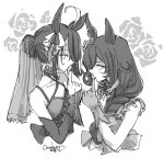  animal_ears artist_name braid braided_ponytail choker commentary_request criss-cross_halter detached_sleeves dress dress_flower ear_ornament ear_ribbon finger_to_mouth flat_chest flower frilled_cuffs frilled_sleeves frills greyscale hair_over_one_eye hair_over_shoulder halterneck hand_up highres horse_ears horse_girl index_finger_raised lace-trimmed_choker lace_trim long_bangs manhattan_cafe_(mysterious_rose)_(umamusume) manhattan_cafe_(umamusume) monochrome rice_shower_(day_i_dreamed_of)_(umamusume) rice_shower_(umamusume) root_12047841 see-through_clothes see-through_veil shushing signature sleeveless sleeveless_dress umamusume veil wrist_cuffs 