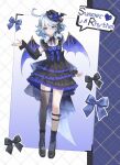  1girl absurdres alternate_costume asymmetrical_legwear black_boots black_bow black_dress black_hat black_thighhighs blue_bow blue_eyes blue_flower blue_hair blue_rose boots bow chinese_commentary closed_mouth commentary_request detached_sleeves dress drop-shaped_pupils english_text fishnet_kneehighs fishnet_socks fishnets flower full_body furina_(genshin_impact) genshin_impact hand_up hat hat_flower heterochromia highres knee_strap long_sleeves looking_at_viewer mismatched_legwear mismatched_pupils rose short_hair smile socks standing symbol-shaped_pupils thighhighs uneven_legwear wings yukiri_(l_ii) 