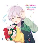  1boy :d ^_^ absurdres arm_up bouquet character_name closed_eyes commentary_request confetti dated furrowed_brow green_jacket green_shirt grey_hair hair_between_eyes happy happy_birthday highres holding holding_bouquet jacket layered_sleeves light_blush long_sleeves male_focus open_mouth oriki_tomoko shirt short_hair short_over_long_sleeves short_sleeves sidelocks simple_background smile solo totsuka_saika track_jacket trap upper_body variant_set white_background yahari_ore_no_seishun_lovecome_wa_machigatteiru. 