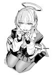  1girl blue_archive boots commentary dated_commentary double_v from_above full_body greyscale halo headgear highres jacket kneeling long_hair looking_at_viewer mechanical_halo monochrome necktie noa_(blue_archive) off_shoulder open_mouth otimusyairoha shirt simple_background skirt solo suit thighhighs v white_background 