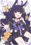  1girl :d ahoge animal_ear_fluff animal_ears azur_lane black_choker black_kimono black_skirt choker commentary_request facial_mark floral_print floral_print_shirt fox fox_ears fox_tail fur-trimmed_kimono fur_trim hair_ornament highres japanese_clothes kimono kitsune long_hair magatama manjuu_(azur_lane) multiple_tails musashi-chan_(azur_lane) oboroillust print_shirt purple_hair shirt skirt smile tail very_long_hair yellow_eyes 
