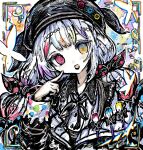  1girl beret black_hat black_jacket bow bug butterfly collared_shirt colored_tips commentary contrast_collar hair_bow hat heterochromia highres jacket jacket_partially_removed jogasaki_noah long_hair long_sleeves looking_at_viewer mahou_shoujo_no_majo_saiban multi-tied_hair multicolored_eyes multicolored_hair neck_ribbon off_shoulder open_mouth paint paintbrush polka_dot polka_dot_bow red_eyes ribbon shirt smile solo streaked_hair tsukihi_shida upper_body white_hair white_shirt yellow_eyes 