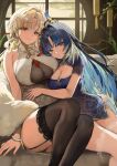  2girls absurdres alternate_breast_size_(larger) alternate_costume bare_shoulders black_thighhighs blonde_hair blue_dress blue_eyes blue_hair breasts chinese_clothes cleavage closed_mouth colored_inner_hair commentary_request dress feather_hair hair_intakes highres indoors large_breasts lillly long_hair looking_at_viewer multicolored_hair multiple_girls parted_bangs qipao siblings sisters sitting sleeveless sleeveless_dress smile suisui_(wuthering_waves) tacet_mark_(wuthering_waves) thighhighs white_dress white_thighhighs wuthering_waves yangyang_(wuthering_waves) yangyang_(xuanling)_(wuthering_waves) yellow_eyes 