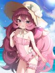  1girl blue_archive blue_sky blush breasts clothing_cutout commentary flower fluffy_hair frilled_one-piece_swimsuit frilled_thigh_strap frills grey_eyes halo hat hat_flower iroha_(blue_archive) iroha_(swimsuit)_(blue_archive) long_hair looking_at_viewer official_alternate_costume one-piece_swimsuit pink_one-piece_swimsuit red_hair sharu_(sharu0218) side_cutout sky solo straw_hat sun_hat swimsuit thigh_strap 