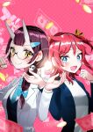  2girls blue_eyes blush bow commentary_request cup fang food game_asset glasses heart highres horns long_hair looking_at_viewer money multiple_girls non-web_source official_art open_mouth red_hair self-datamine shirt short_hair smile wang_xue white_shirt world_dai_star yanagiba_panda yellow_eyes 