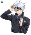  1boy black_jacket blindfold blindfold_lift blue_eyes commentary cropped_torso crossed_fingers gojo_satoru high_collar jacket jujutsu_kaisen long_sleeves looking_at_viewer male_focus mery_(yangmalgage) open_mouth short_hair signature simple_background smile solo teeth tongue tongue_out upper_body upper_teeth_only white_background white_hair 