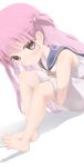  1girl :t bare_shoulders barefoot blue_sailor_collar blush closed_mouth commentary dress dutch_angle eyes_visible_through_hair feet full_body grey_eyes hair_between_eyes highres hugging_own_legs katou_umi knees_up long_hair looking_at_viewer one_side_up oren_(770len) pink_hair ribbon sailor_collar sailor_dress shadow short_dress simple_background sitting sleeveless sleeveless_dress solo summer_pockets toes very_long_hair white_background white_dress yellow_ribbon 