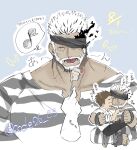  2boys balor_(housamo) bara beard blonde_hair chibi chibi_inset code_26cs commentary_request dark-skinned_male dark_skin deformed eyepatch facial_hair feeding flaming_eye full_beard highres huge_pectorals male_focus mature_male multicolored_hair multiple_boys muscular muscular_male pov pov_hands protagonist_3_(housamo) short_hair solo_focus thick_beard thick_eyebrows tokyo_afterschool_summoners two-tone_hair upper_body yaoi 