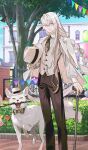  1boy balloon black_necktie black_pants braid buttons cane collared_shirt commentary_request dog dog_request fate/grand_order fate_(series) feet_out_of_frame floating_hair floral_print_necktie formal_clothes game_asset glasses grey_eyes grey_vest hair_between_eyes hanasaka_no_okina_(academy_outfit)_(fate) hanasaka_no_okina_(fate) hat holding holding_cane holding_unworn_clothes holding_unworn_hat jacket jacket_on_shoulders lapels long_hair long_hair_between_eyes long_sidelocks long_sleeves low-tied_long_hair male_focus mole mole_under_eye multiple_moles multiple_moles_under_one_eye necktie notched_lapels official_art outdoors pants partial_commentary pinstripe_pattern pinstripe_shirt print_necktie shirt sidelocks single_braid single_sidelock solo taa_(acid) third-party_source unworn_hat unworn_headwear very_long_hair very_long_sidelocks vest waistcoat white_hair white_hat white_jacket 