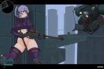  2girls absurdres blue_eyes breasts commentary cover crotch_strap faetpng game_screenshot_background gun heads-up_display highres holding holding_gun holding_weapon letterboxed martyr_(the_citadel) multiple_girls navel purple_eyes purple_hair rifle screenshot_background smug sniper_rifle the_citadel thick_thighs thighs twitter_username user_interface weapon 