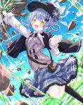  1girl :d absurdres asymmetrical_legwear bag bird_hat_ornament black_bag black_bow black_bowtie black_capelet black_hat black_pantyhose blue_hair blue_necktie blue_skirt bow bowtie braid braided_hair_rings capelet cloud collared_shirt commentary_request cowboy_shot deerstalker frilled_skirt frills grey_vest hair_bow hair_rings hat hat_bow highres layered_skirt long_sleeves looking_at_viewer mahou_shoujo_no_majo_saiban necktie open_mouth outdoors pantyhose plaid_clothes plaid_skirt punching rock shirt short_hair single_leg_pantyhose skirt sky smile solo tachibana_sherry tatsunami1379 vest white_shirt yellow_eyes 