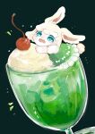  1girl animal_ear_fluff animal_ears blonde_hair blush_stickers cherry commentary_request crying crying_with_eyes_open dress food frilled_dress frills fruit full_body furry furry_female green_background green_dress green_eyes highres ice_cream ice_cream_float open_mouth original po!_(popoemo) rabbit_ears rabbit_girl rabbit_tail short_hair short_sleeves simple_background solo tail tears white_fur 
