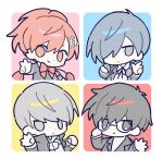  1girl 2o_oxo 3boys amamiya_ren armband black_eyes black_hair bow bowtie chibi gekkoukan_high_school_uniform glasses grey-framed_eyewear grey_eyes grey_hair hair_over_one_eye highres multiple_boys narukami_yu persona persona_3 persona_3_portable persona_4 persona_5 red_bow red_bowtie red_eyes red_hair school_uniform shiomi_kotone shuujin_academy_school_uniform v yasogami_school_uniform yuuki_makoto_(persona_3) 