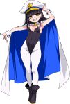  1girl absurdres black_hair black_leotard boots breasts cloak commentary_request full_body hat highres leotard lolibaba long_hair looking_at_viewer maorisu_henkyo_haku nebulashika_neutronstar_(maorisu_henkyo_haku) original pantyhose peaked_cap playboy_bunny sharp_teeth small_breasts smile solo teeth thigh_gap transparent_background white_pantyhose yellow_eyes 