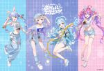  4girls :d ;d ahoge animal_ears baseball_cap belt bikini bikini_bottom_under_shorts bikini_under_clothes black_shorts blonde_hair blue_eyes blue_hair blue_hat blue_pants blue_skirt bow braid breasts carrot_hair_ornament center-flap_bangs colored_inner_hair colored_tips commentary_request copyright_notice cropped_shirt denim denim_shorts denim_skirt extra_ears food-themed_hair_ornament full_body gradient_hair hair_bow hair_intakes hair_ornament hat highres holding holding_hose hololive hololive_dev_is hololive_indonesia hose kikirara_vivi kobo_kanaeru long_hair looking_at_viewer medium_breasts midriff multicolored_hair multiple_girls navel official_alternate_costume official_art one_eye_closed open_mouth orange_eyes pants pink_hair pisuke_wan platform_sandals purple_eyes purple_hair purple_streaks rabbit-shaped_pupils rabbit_ears rabbit_girl sandals second-party_source shirt shirt_tucked_in shoes short_eyebrows short_hair short_shorts shorts sidelocks skirt small_breasts smile sneakers star-shaped_pupils star_(symbol) streaked_hair swimsuit symbol-shaped_pupils t-shirt thick_eyebrows thigh_belt thigh_strap todoroki_hajime toes torn_clothes torn_skirt twin_braids twintails two_side_up usada_pekora very_long_hair virtual_youtuber water wavy_hair white_bikini white_hair white_shirt white_shoes 