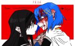  2girls akemi_homura akemi_homura_(magical_girl) aliasing avanes_d black_eyes black_hairband blood blood_in_hair blood_on_face blue_eyes blue_hair border clenched_teeth commentary dated fortissimo hair_ornament hairband hairclip hand_on_another's_neck highres jaggy_lines jpeg_artifacts magical_girl mahou_shoujo_madoka_magica mahou_shoujo_madoka_magica_(anime) mahou_shoujo_madoka_magica_movie_1_&amp;_2 miki_sayaka miki_sayaka_(magical_girl) multiple_girls musical_note musical_note_hair_ornament notched_ear outside_border red_background resized teeth upscaled white_border 