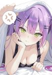  1girl absurdres anger_vein barbell_piercing bed_sheet black_tank_top breasts center-flap_bangs cleavage double-parted_bangs ear_piercing gradient_hair green_eyes green_nails hair_ornament hairclip highres hololive industrial_piercing light_blush long_hair looking_at_viewer lying medium_breasts multicolored_hair nail_polish nekonosuke on_stomach paid_reward_available parallel_hairclips piercing pink_hair pink_nails pointy_ears pout pov pov_hands purple_hair solo_focus spiked_ear_piercing spoken_anger_vein tank_top tokoyami_towa twintails under_covers upper_body virtual_youtuber 