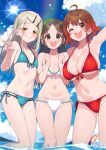  3girls armpits ball beachball bikini blonde_hair blue_bikini breasts brown_hair cleavage commentary_request day front-tie_bikini_top front-tie_top gakuen_idolmaster grin hanami_ume happy highres huge_breasts idolmaster ima_(lm_ew) kimi_to_semi_blue_(idolmaster) kuramoto_china layered_bikini long_hair looking_at_viewer multiple_girls navel one_eye_closed outdoors red_bikini shinosawa_hiro side-tie_bikini_bottom small_breasts smile stomach swimsuit v wading white_bikini 