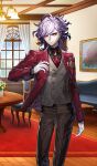  1boy arm_at_side black_pants black_shirt brown_vest buttons closed_mouth collared_shirt commentary_request cowboy_shot double-breasted edmond_dantes_(fate) fate/grand_order fate_(series) formal_clothes game_asset gloves indoors jacket lapels long_sleeves looking_at_viewer male_focus medium_hair necktie notched_lapels official_art open_clothes open_jacket pants partial_commentary purple_hair red_eyes red_jacket red_necktie routo shirt smile solo the_count_of_monte_cristo_(academy_outfit)_(fate) the_count_of_monte_cristo_(fate) third-party_source vest waistcoat white_gloves 