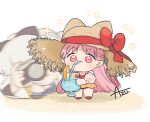  2girls azu_(kirara310) bow camera chibi commentary_request cup drinking_straw fate/grand_order fate_(series) grey_hair habetrot_(fate) habetrot_(swimsuit_pretender)_(fate) hat hat_bow highres holding holding_camera holding_cup long_hair morgan_le_fay_(fate) motion_blur multiple_girls pink_eyes pink_hair pointy_ears signature straw_hat taking_picture 