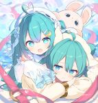  2girls :t ahoge air_bubble blue_eyes blue_hair blush bubble closed_mouth commentary_request crescent crescent_hair_ornament double-parted_bangs dress hair_between_eyes hair_intakes hair_ornament hat hatsune_miku heart heart_ahoge kiya_machi long_hair long_sleeves looking_at_viewer lying multiple_girls on_stomach open_mouth red_ribbon ribbon sleeves_past_fingers sleeves_past_wrists stuffed_animal stuffed_rabbit stuffed_toy twintails vocaloid white_dress white_hat 