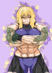  abs arm_tattoo bare_shoulders blonde_hair braid breasts commentary_request crop_top crossed_arms fingerless_gloves gloves grin hair_between_eyes highres isshou_senkin large_breasts long_hair looking_at_viewer mad-036 midriff muscular muscular_female navel open_mouth purple_tank_top sena_riko_(isshou_senkin) short_hair shorts simple_background single_braid sleeveless smile tank_top tattoo teeth yellow_eyes 