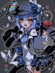  1girl :d apple bird_hat_ornament black_bow black_bowtie black_capelet black_hat blue_hair blue_necktie blue_skirt bow bowtie braid braided_hair_rings candle capelet character_name collared_shirt commentary_request cowboy_shot deerstalker feathers food frilled_skirt frills fruit grey_background grey_vest hair_bow hair_rings happy_birthday hat hat_bow highres layered_skirt long_sleeves looking_at_viewer magnifying_glass mahou_shoujo_no_majo_saiban necktie noa_rei open_mouth plaid_clothes plaid_skirt rope shirt short_hair skirt smile solo tachibana_sherry teeth vest white_shirt yellow_eyes 