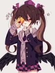  1girl black_wings blue_jacket brown_hair buttons cellphone checkered_clothes checkered_necktie checkered_skirt collared_shirt commentary_request feathered_wings hair_over_one_eye heart highres himekaidou_hatate holding holding_phone hood hooded_jacket jacket long_sleeves miniskirt necktie phone pink_jacket pointy_ears purple_nails roamu_65 shirt shirt_under_sweater simple_background skirt smartphone solo tongue tongue_out touhou wings zipper 