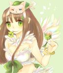  1girl bikini breasts brown_hair cleavage closed_mouth clover commentary_request dormir_(challco) feather_trim flower four-leaf_clover green_eyes heterochromia holding holding_flower leaf_cat long_hair looking_at_viewer medium_breasts musical_note navel pink_flower ragnarok_online simple_background smile solo swimsuit upper_body wanderer_(ragnarok_online) white_bikini 