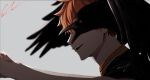  1boy animal animal_on_shoulder bird bird_on_shoulder commentary_request crow grey_background haikyuu!! highres hinata_shouyou karasuno_volleyball_uniform kkno_k male_focus open_mouth orange_hair short_hair signature simple_background solo sportswear teeth volleyball_uniform 