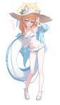  ! 1girl absurdres alternate_costume animal_ear_fluff animal_ears ankle_bow aqua_eyes ass_visible_through_thighs bikini blue_archive blue_bikini blue_jacket blush bow bracelet braid breasts cat_ears cat_girl collarbone commentary double-parted_bangs flower full_body gold_bracelet hair_between_eyes hair_over_shoulder halo hand_on_headwear hat hat_flower hat_ribbon highres holding holding_swim_ring jacket jewelry mari_(blue_archive) multicolored_bikini navel nonddu off_shoulder open_mouth orange_hair raised_inner_eyebrows ribbon ruffle_bikini sandals shiny_skin sidelocks single_braid small_breasts solo straw_hat sun_hat swim_ring swimsuit two-tone_bikini untranslatable_commentary white_background white_bikini white_flower yellow_halo 