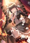  1girl absurdres ace_(playing_card) ace_of_hearts black_hair black_jacket black_nails black_ribbon black_skirt black_thighhighs blazer blunt_bangs bow buttons card celestia_ludenberg center_frills club_(shape) collared_jacket collared_shirt commentary_request cowboy_shot cross-laced_clothes cross-laced_sleeves crossed_legs curtains danganronpa:_trigger_happy_havoc danganronpa_(series) diamond_(shape) dice dot_nose dress_shirt drill_hair earrings embers eyelashes fire floating_card frilled_hairband frilled_jacket frilled_shirt frilled_skirt frilled_sleeves frilled_thighhighs frills gothic_lolita hair_bow hairband heart highres indoors jacket jewelry lace-trimmed_skirt lace_trim lapels lolita_fashion lolita_hairband long_hair long_sleeves looking_at_viewer miniskirt nail_polish neck_ribbon necktie notched_lapels on_table open_clothes open_jacket papu_(papu1006) parted_lips planet_earrings playing_card poker_chip poker_table red_eyes red_necktie ribbon ribbon-trimmed_thighhighs ribbon_legwear ribbon_trim shirt sidelocks sitting skirt sleeve_ribbon smile solo spade_(shape) spotlight stage table thighhighs twin_drills twintails very_long_hair white_bow white_ribbon white_shirt 