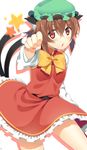 absurdres animal_ears brown_hair cat_ears cat_tail chen dress hat highres multiple_tails niwashi_(yuyu) red_eyes short_hair solo tail touhou 