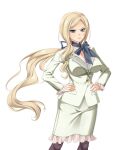  1girl angry black_pantyhose blonde_hair blush breasts cleavage clenched_teeth divine_heart_makina formal_clothes frilled_skirt frills game_asset green_eyes hair_ribbon hands_on_own_hips jacket kagemusya lady_astrea large_breasts large_variant_set long_hair long_sleeves looking_at_viewer low_ponytail non-web_source official_art pantyhose pencil_skirt ponytail ribbon scarf scowl self-datamine simple_background skirt skirt_suit solo standing suit tachi-e teeth transparent_background variant_set very_long_hair white_skirt 