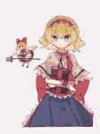  1girl alice_margatroid apron back_bow black_dress black_skirt blonde_hair blue_eyes blue_skirt book bow capelet commentary_request d: dress frilled_bow frills frown grimoire_of_alice headband highres holding holding_book jewelry lance long_hair neck_ribbon polearm puppet_rings red_bow red_headband ribbon ring roamu_65 shanghai_doll short_hair skirt solo touhou waist_apron weapon white_apron white_capelet wide_sleeves wrist_cuffs 
