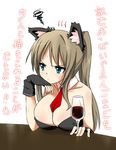  animal_ears blue_eyes breasts brown_hair cat_ears cleavage detached_collar fingerless_gloves gloves large_breasts long_hair original simple_background solo squiggle translation_request white_background zaxwu 