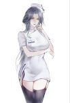  1girl alternate_costume black_garter_straps blue_hair breasts closed_mouth commentary_request garter_straps hand_up hat hbdxhy highres isomer_(path_to_nowhere) large_breasts lipstick long_hair makeup nurse nurse_cap path_to_nowhere red_lips simple_background solo thighhighs very_long_hair white_background wide_hips yellow_eyes zettai_ryouiki 