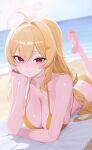  1girl ahoge bare_arms bare_shoulders beach bikini blonde_hair breasts cleavage closed_mouth collarbone commentary commission hair_intakes hair_ornament hairclip halterneck head_rest highres jingburger korean_commentary large_breasts leg_up long_hair looking_at_viewer lying on_stomach outdoors red_eyes sei_(0724sei6) smile solo strap_gap string_bikini swimsuit waktaverse yellow_bikini 